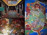 211 Kagbeni Gompa Main Room, North And West Guardian Kings, Wheel Of Life Painting The entrance to the Kagbeni Gompa has the traditional Wheel Of Life and the North and West of the Guardian Kings paintings. The statues inside the Kagbeni gompa statues were behind glass and hard to see. The monk turned on some lights so I could see the paintings on the wall.